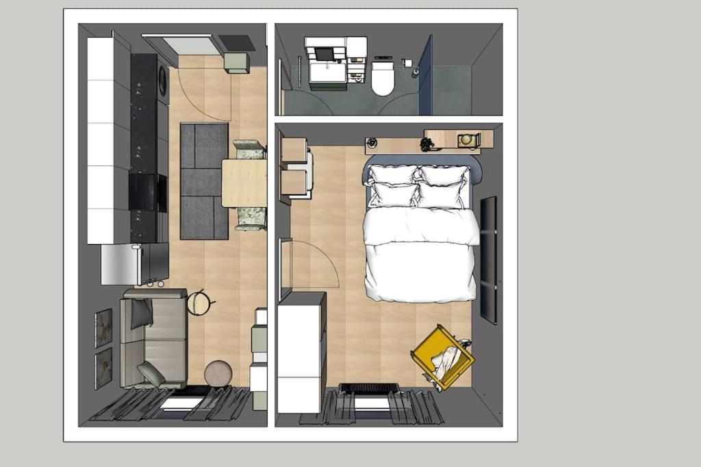 格拉茨Studio Angelina im 3 OG 30 m²的卧室的地板图,配有一张床