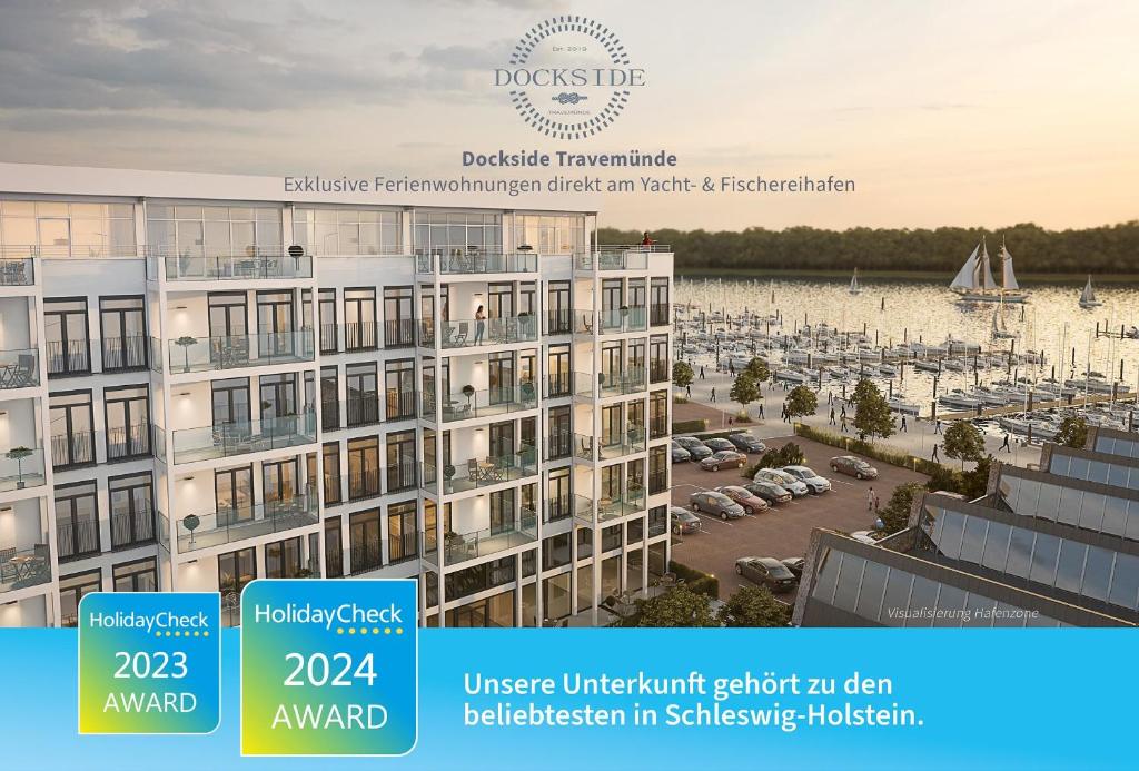 特拉弗明德Dockside Travemünde的带有码头的公寓楼 ⁇ 染