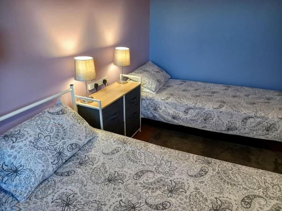 普雷斯科特Twin room in Prescot Homestay的客房设有两张床和一张带两盏灯的书桌。