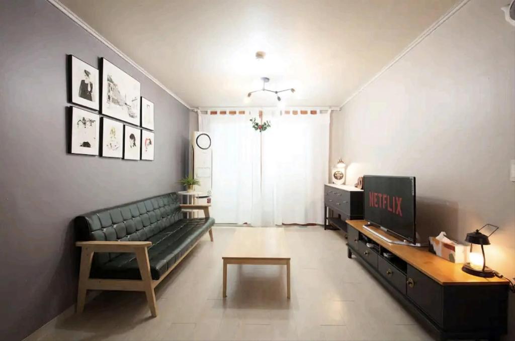 高阳市Ria House的客厅配有绿色沙发和电视