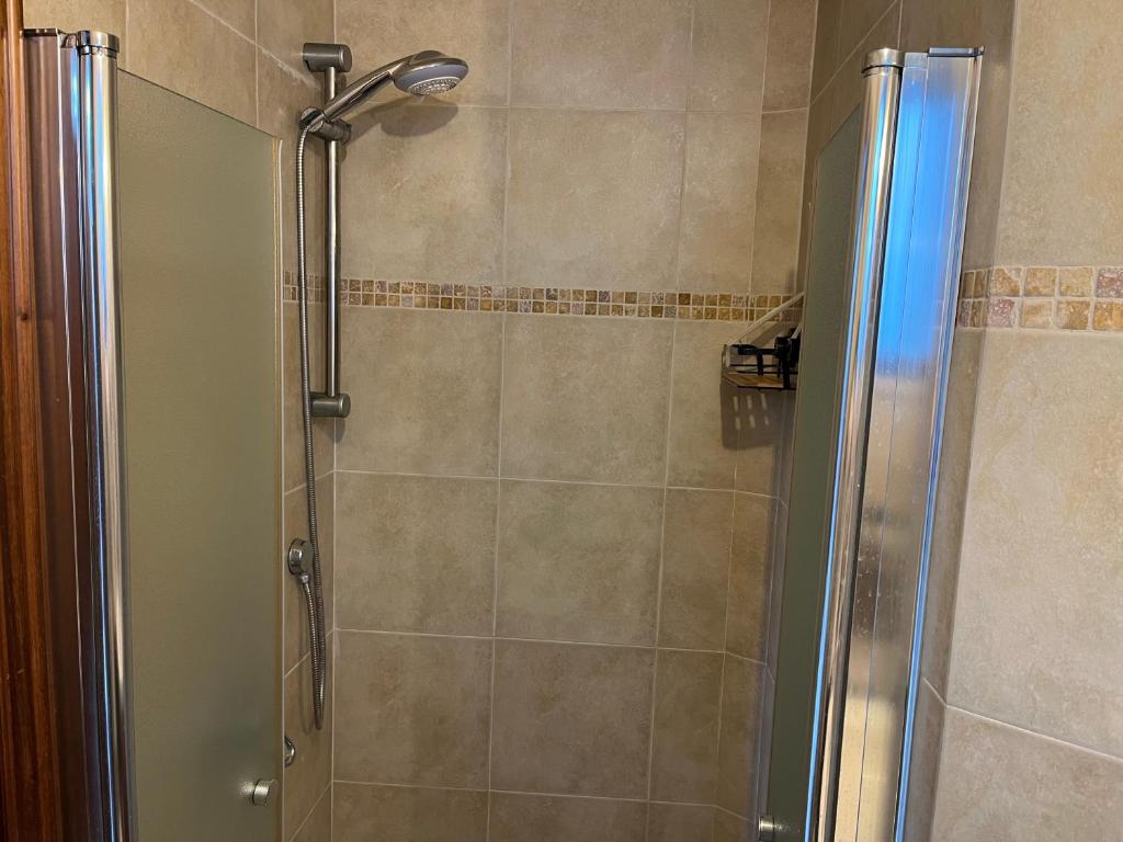 Gannot Hadarסוויטה במושב פסטורלי רומנטי ושקט的浴室里设有玻璃门淋浴