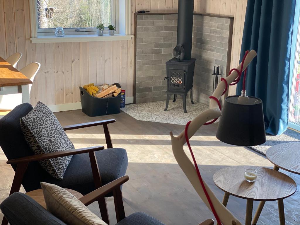 孙讷Adventure Guesthouse Sweden in rural area Sunne的客厅配有椅子和壁炉