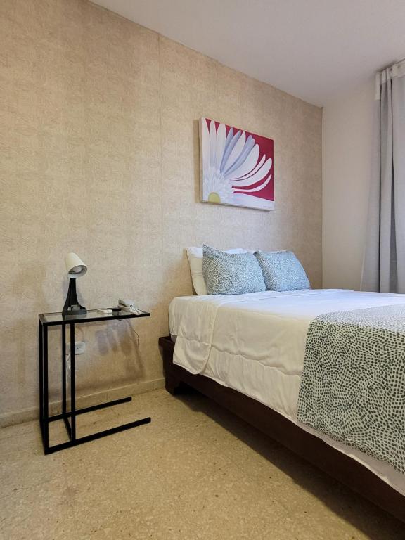 圣多明各Aparta Hotel Drake Piantini的一间卧室配有一张床和一张边桌