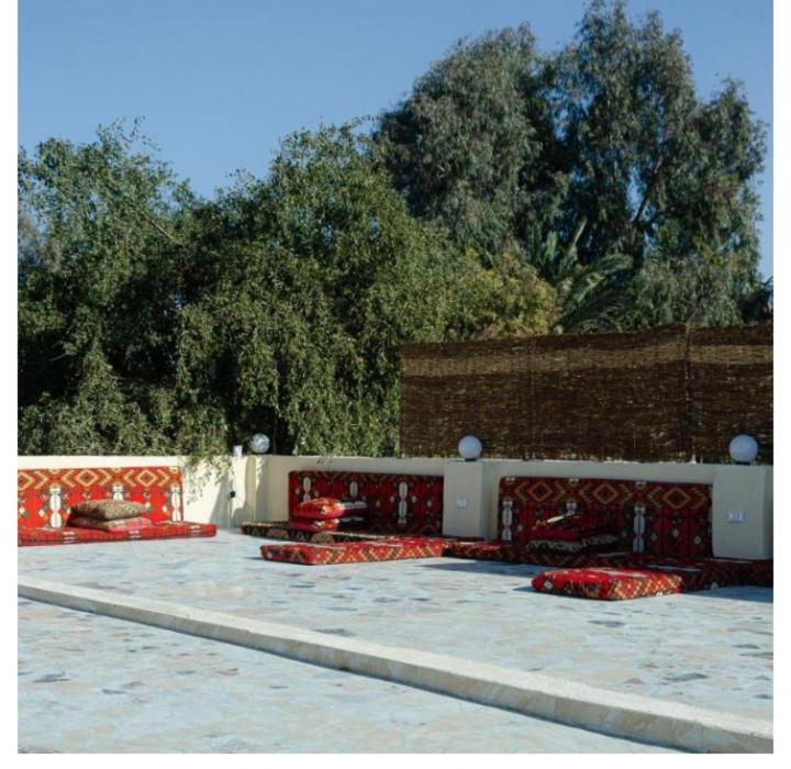 开罗xxxxxxxxxx的庭院设有红色椅子和砖墙