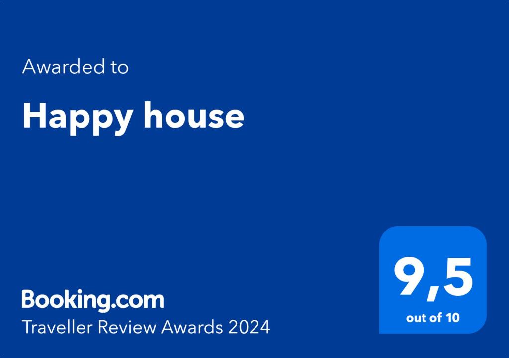 赫尔辛基Happy house的蓝色的标志,上面写着幸福的房屋和号码