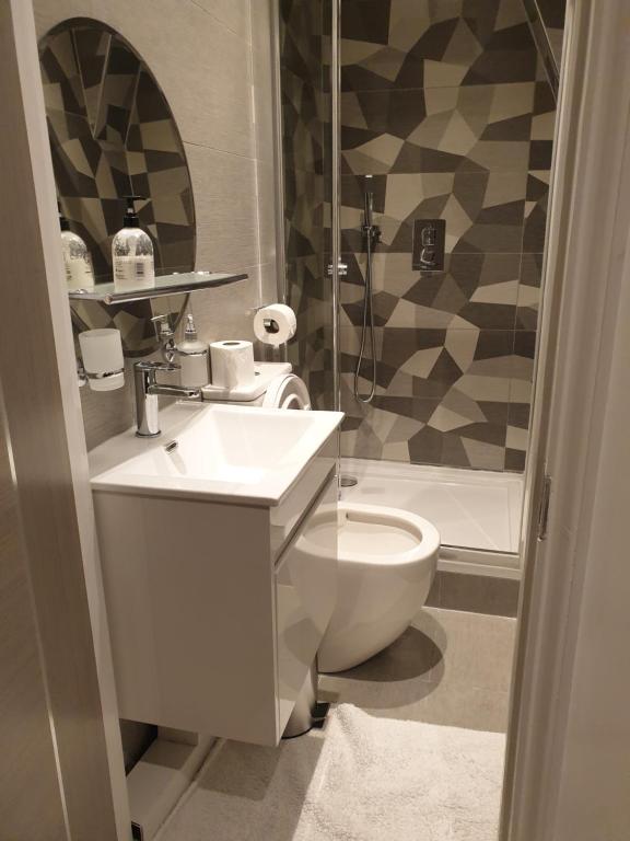 伦敦Central London property-ensuite, double and budget room的一间带水槽、卫生间和淋浴的浴室