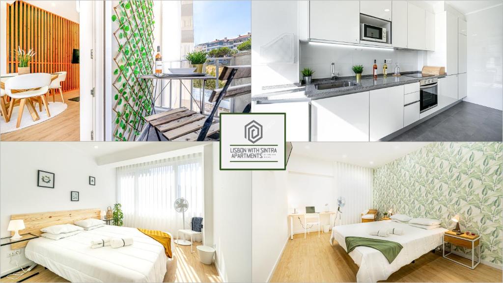 克卢什Two bedroom apartment close to train station by Lisbon with Sintra的厨房与卧室的照片拼合在一起