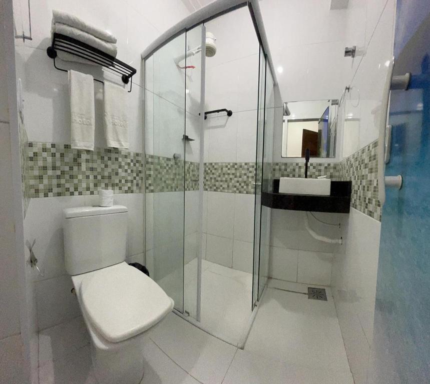 圣路易斯Mais Hotel Express的一间带卫生间和玻璃淋浴间的浴室
