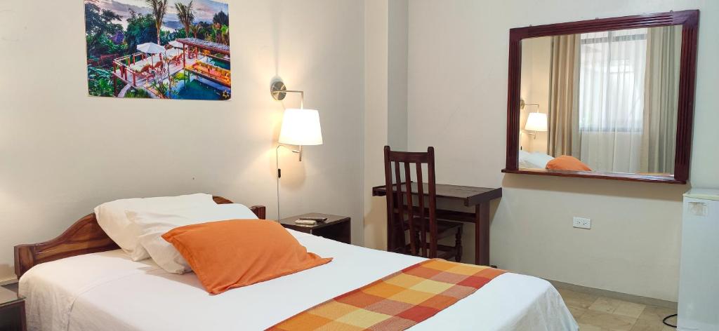 新洛哈Hotel Israel - Lago Agrio的一间卧室配有一张床、一张桌子和一面镜子