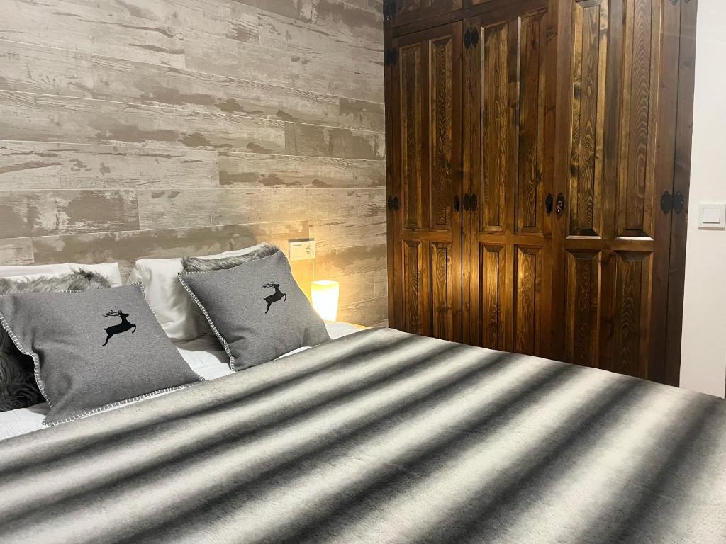 恩坎普Apartamento Mirador Encamp的一间卧室配有一张大床和两个枕头