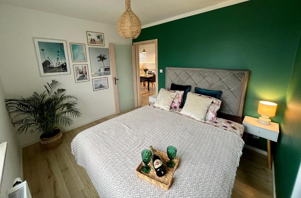 格但斯克Przytulna Apartment close to the airport and PKM的一间卧室设有一张大床和绿色的墙壁