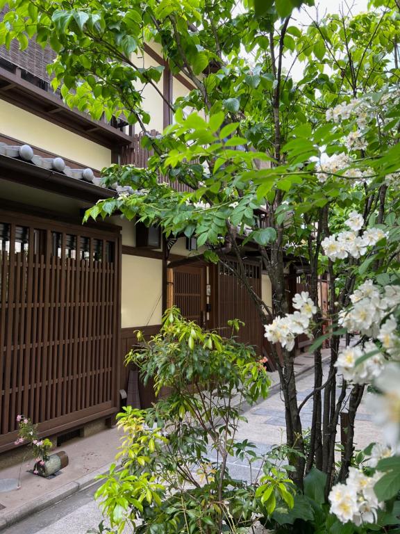京都Imakumano Terrace - Eisen An 潁川庵的建筑物前有白色花的树