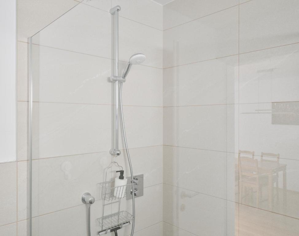 瓦滕斯Wohnen in Wattens Top 2的带淋浴的浴室,带玻璃门