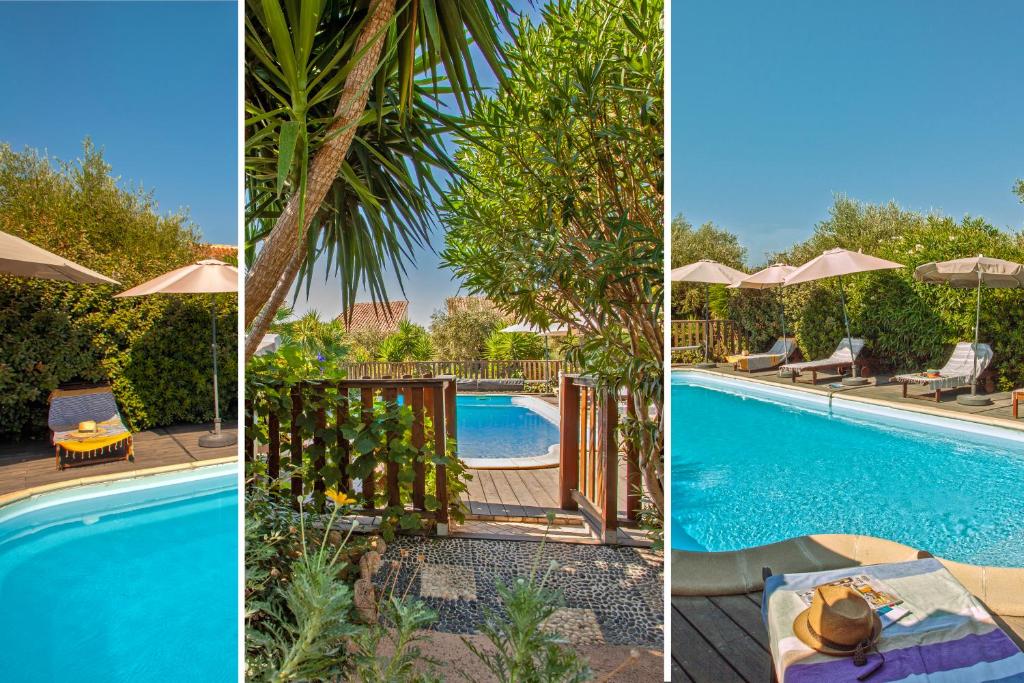 Lecci阿古拉莫拉住宿酒店的三个不同的景色,一个游泳池配有椅子和遮阳伞