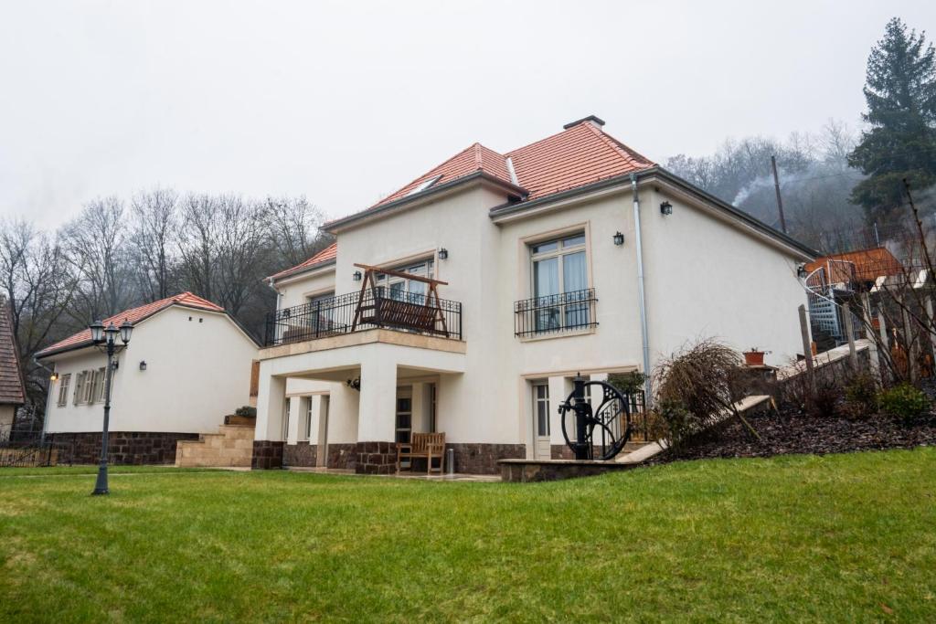 泽拜盖尼Völgy Villa的一座带绿色庭院的大型白色房屋