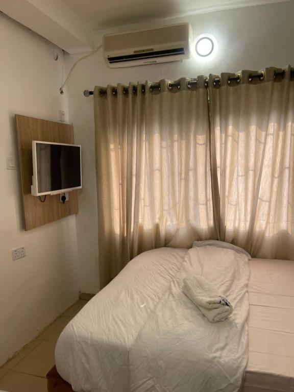 拉各斯Mph mini的一间卧室设有一张床和一个带电视的窗户。