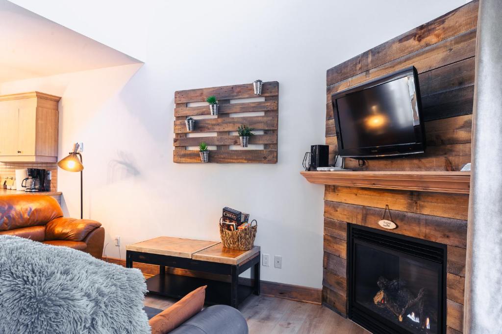 蒙特朗布朗La petite saisonnière的客厅设有壁炉和墙上的电视
