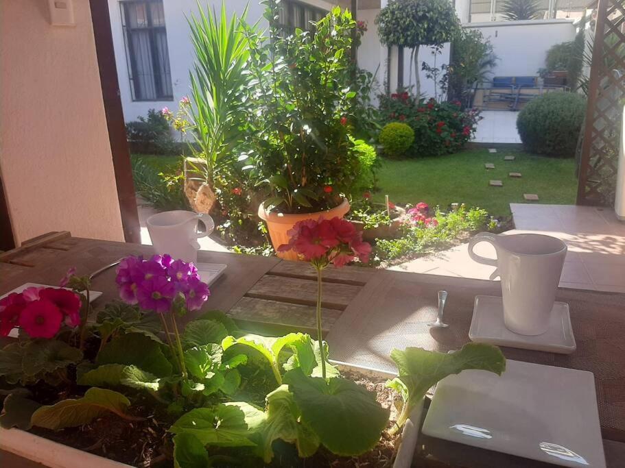 科恰班巴Departamento 2 habitaciones的花园里种有鲜花和植物的桌子
