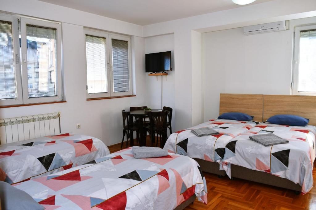 斯科普里Guest House Sani的一间卧室设有两张床,墙上配有电视。