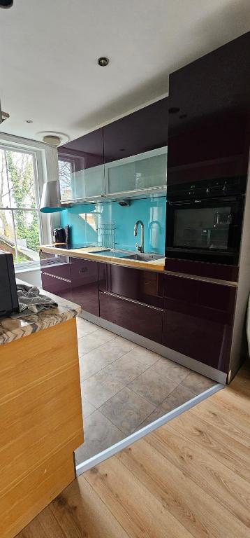 伦敦Highgate Duplex Guest Flat的厨房配有棕色橱柜和水槽