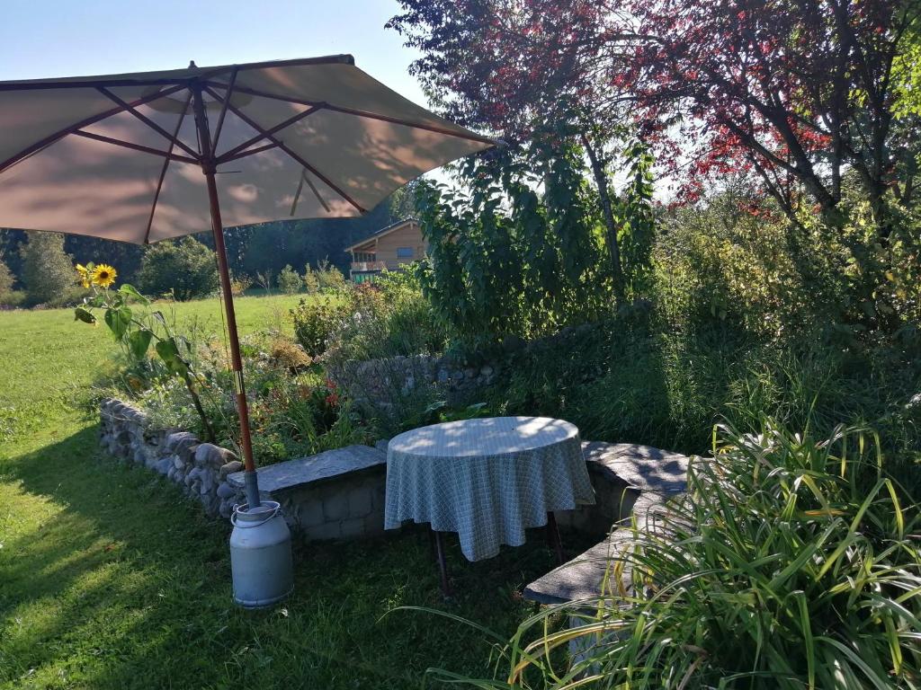 迈埃勒芬das Vogelnest的花园里的桌子和遮阳伞