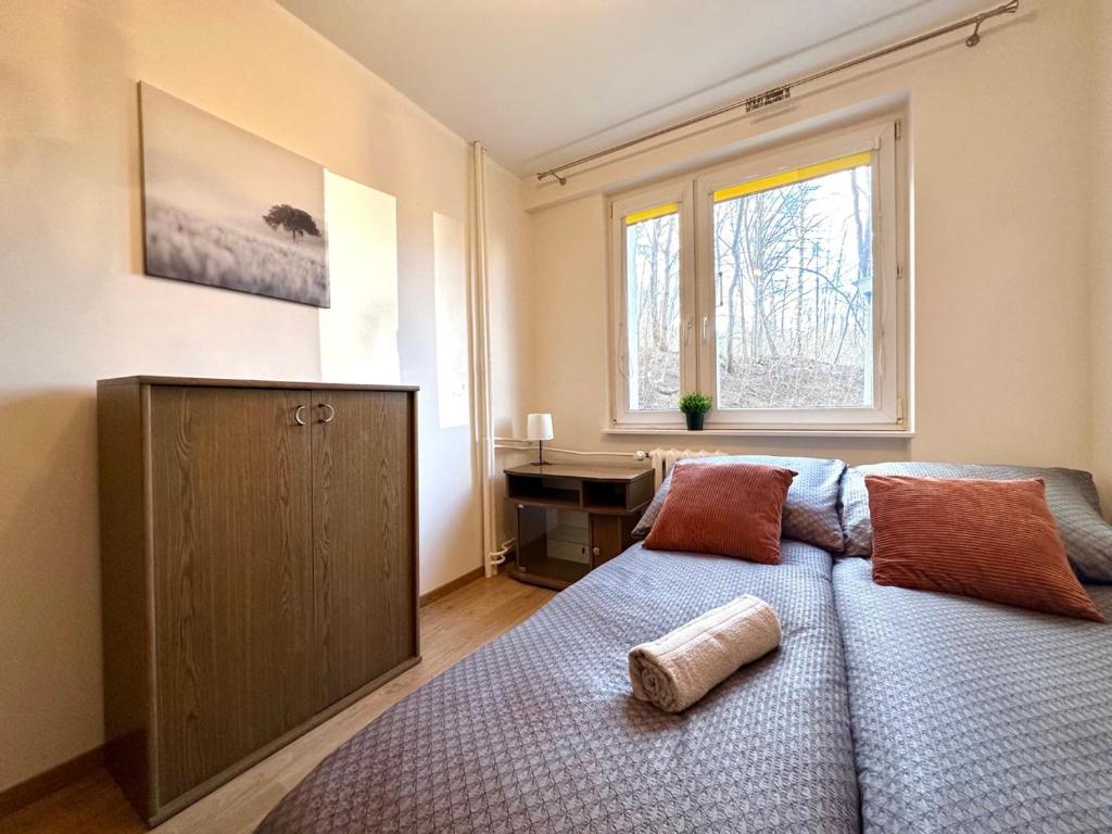 索波特MMRent Przytulny apartament w Sopocie的一间卧室配有一张床、一张书桌和一个窗户。