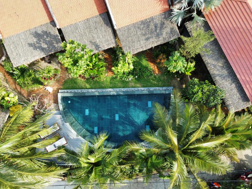 An Bàn (2)Pao Homes - An Bang Beach Stone Villa的享有棕榈树游泳池的顶部景致
