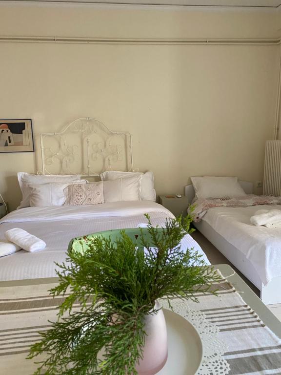 MonodhéndrionThalassa的一间卧室设有两张床和一个植物花瓶