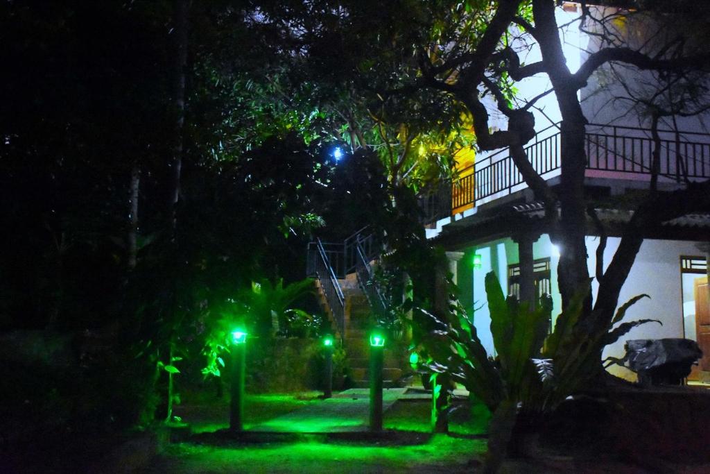 达瓦拉维Wild Heaven Udawalawe的夜晚在院子里有绿灯的房子