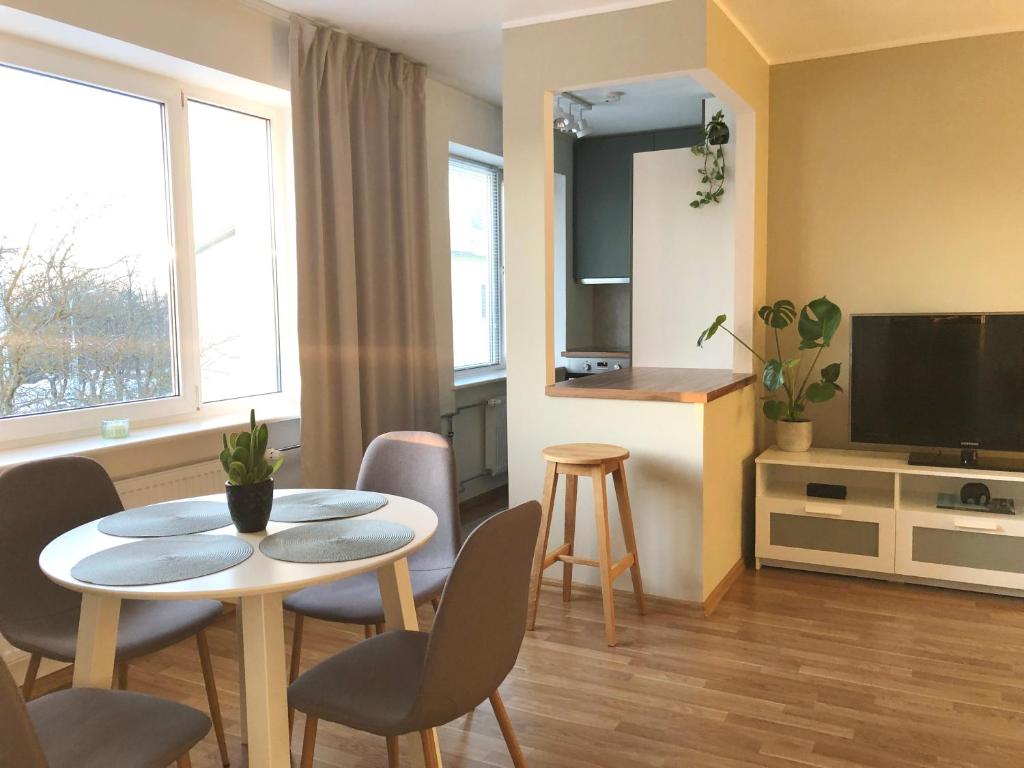 塔林Tallinn Panorama Apartment Majaka的客厅配有桌椅和电视。