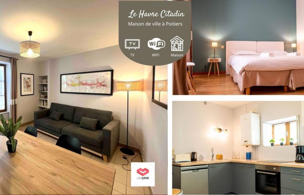 普瓦捷Le Havre Citadin - Maison de ville à Poitiers的卧室和客厅的两张照片