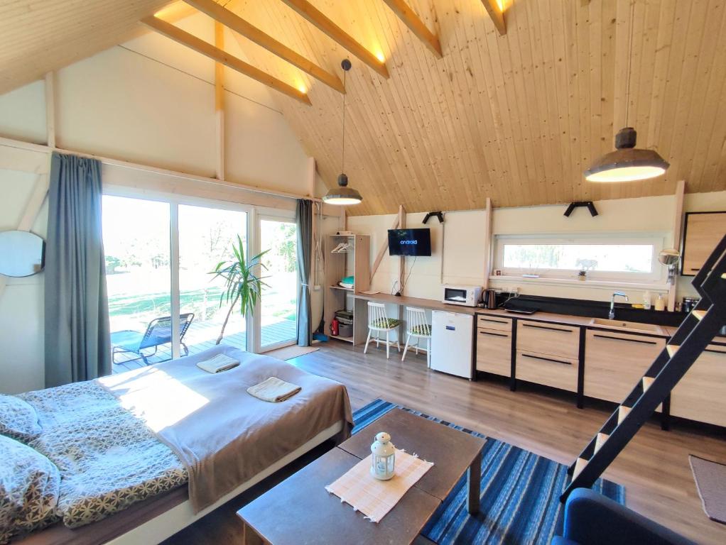 LieplaukėModern Sauna Cabin in Horse Ranch的一间带一张床和一张书桌的卧室和一间厨房