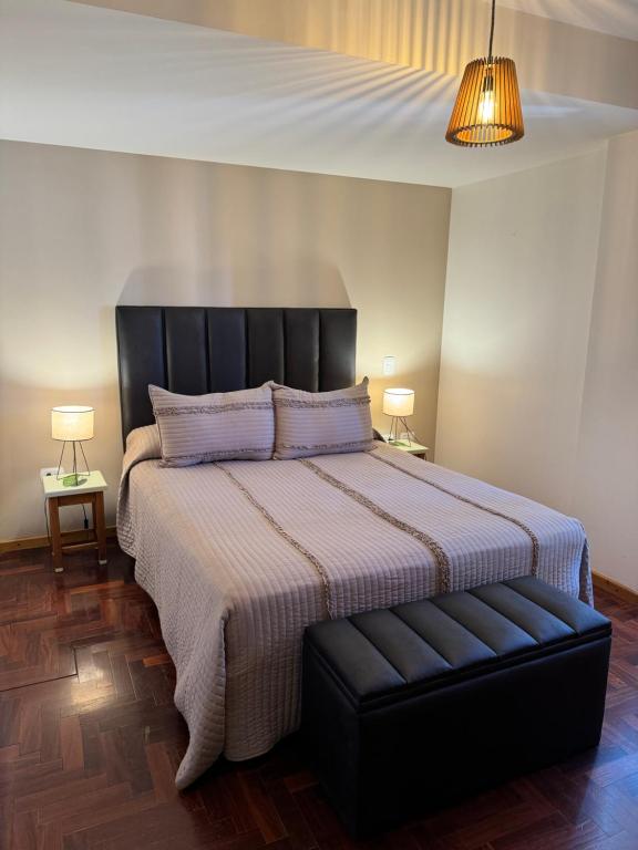 门多萨DEPARTAMENTO Céntrico MENDOZA的一间卧室配有一张大床和黑色床头板