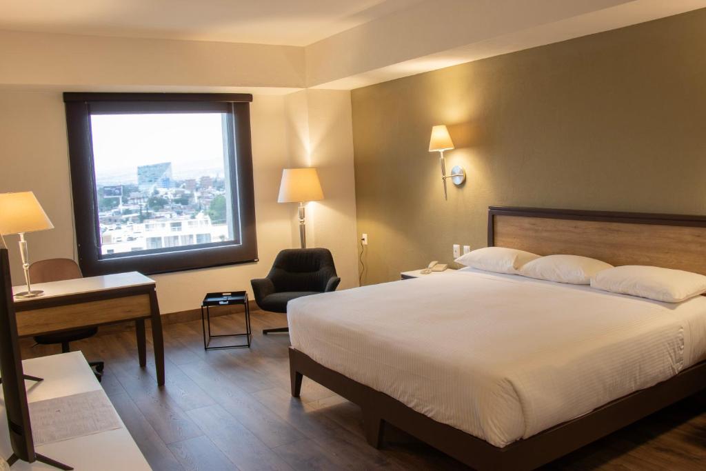 莫雷利亚莫雷利亚图罗特尔酒店的配有一张床、一张书桌和一扇窗户的酒店客房