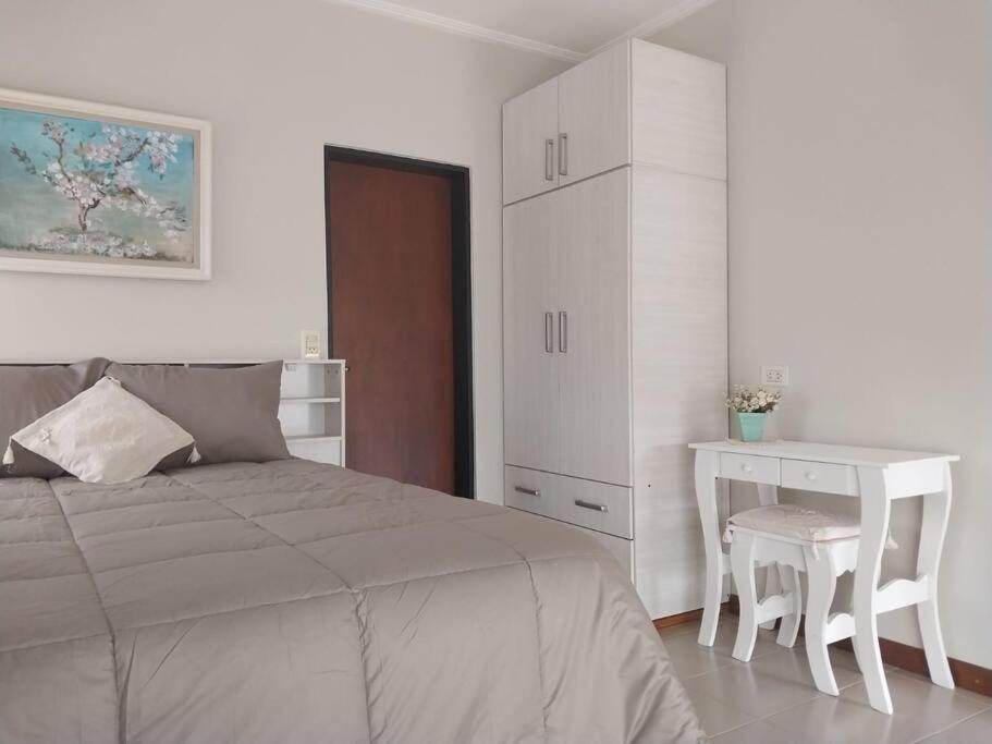 康考迪亚Monoambiente en zona centrica con garage的白色卧室配有床和书桌