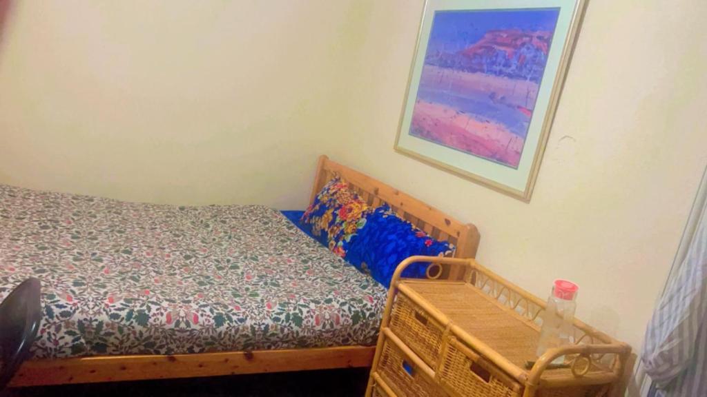 斯劳Briton Room的卧室配有一张床,墙上挂有绘画作品