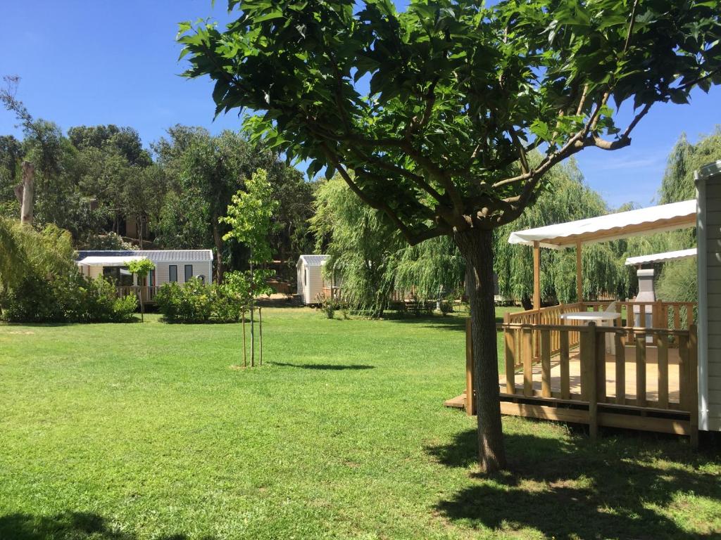 普罗普里亚诺米勒拉露营旅馆的一个带树和凉亭的院子