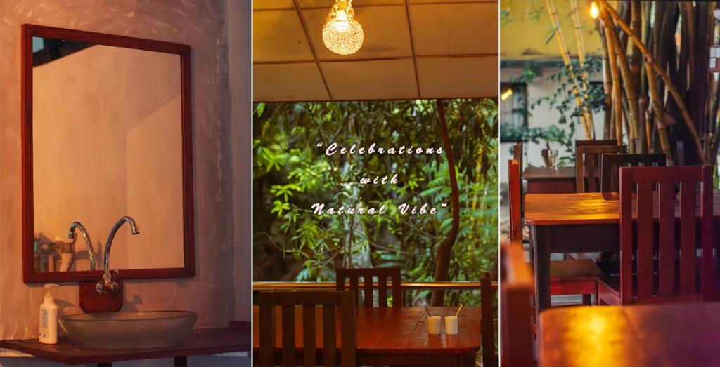 韦勒沃耶Tamarind Tree House的餐厅的一张桌子和一面镜子的两张照片