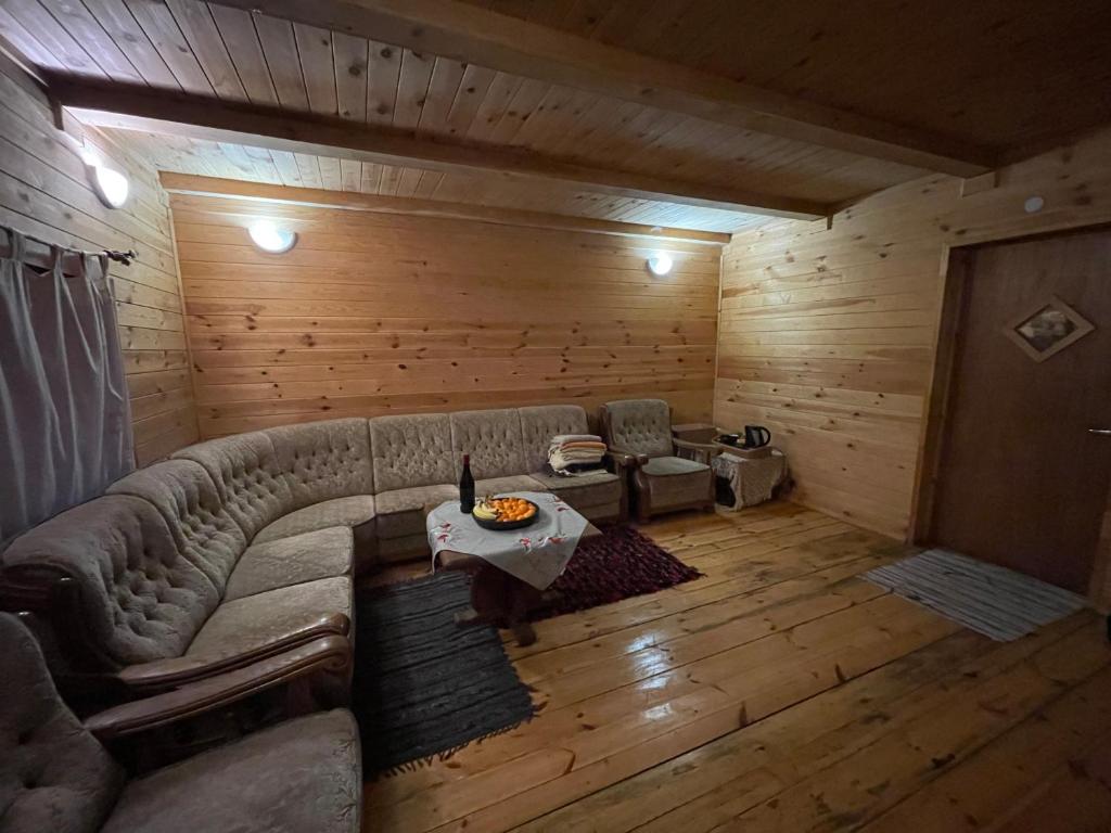 MālpilsClassic Latvian Sauna and Hot Tub in a quiet place的客厅配有沙发和桌子