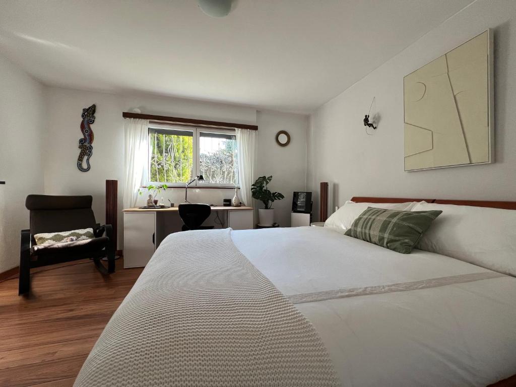 Ponte CapriascaThe Comfy Apartment的一间卧室配有一张床、一张书桌和一个窗户。