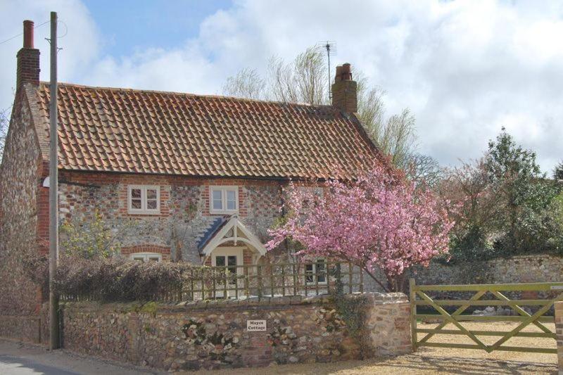 布兰克斯特Mayes Cottage的石头房子,有栅栏和一棵开花的树