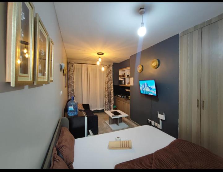 内罗毕Tsavo Royal Suburbs的一间卧室设有一张床和一间客厅。