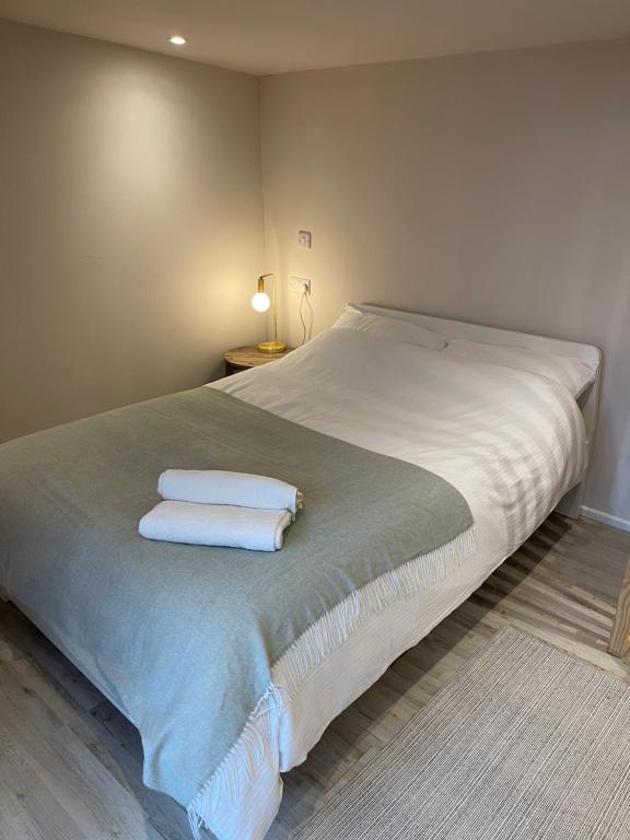 IfordEl Nido - Self Catering cabin in Southbourne, 5 mins from beach的一间卧室配有一张床,上面有两条毛巾