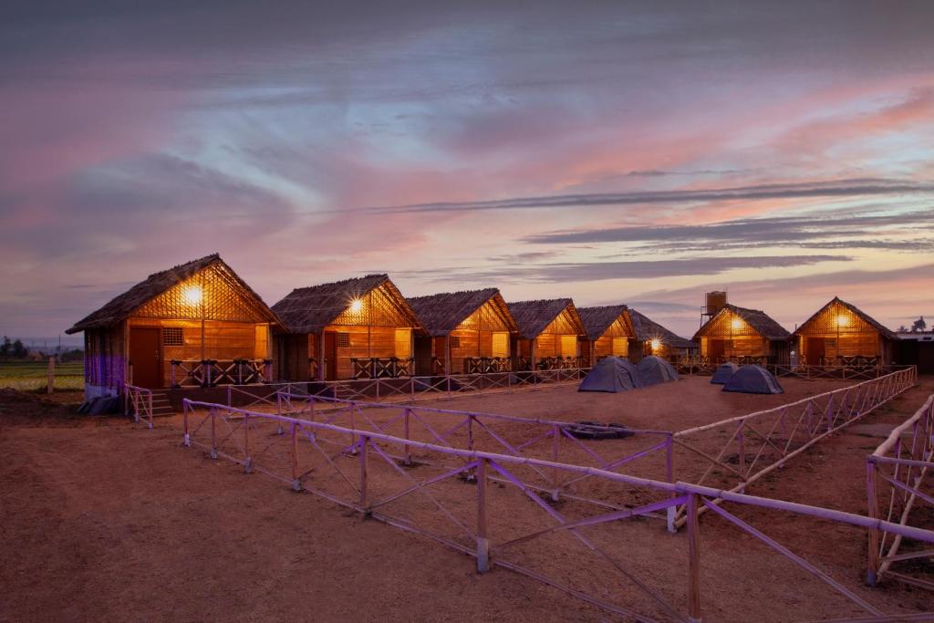 亨比Hampi Social Resort的黄昏时沙漠中一排木屋
