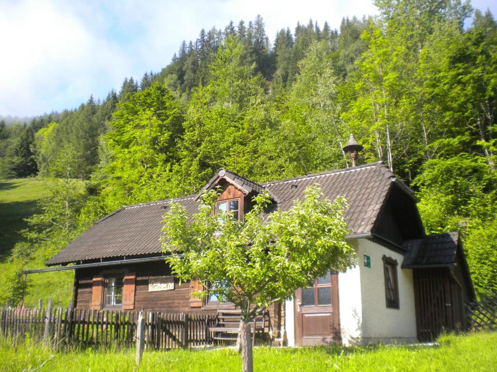 Katsch an der MurUmundumhütte的森林中间的一座古老的木屋