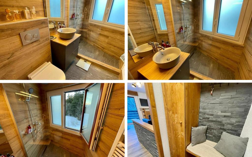 克莱恩 蒙塔纳Cozy Studio Retreat - completely renovated in a perfect location的四张带两个盥洗盆和淋浴的浴室的照片