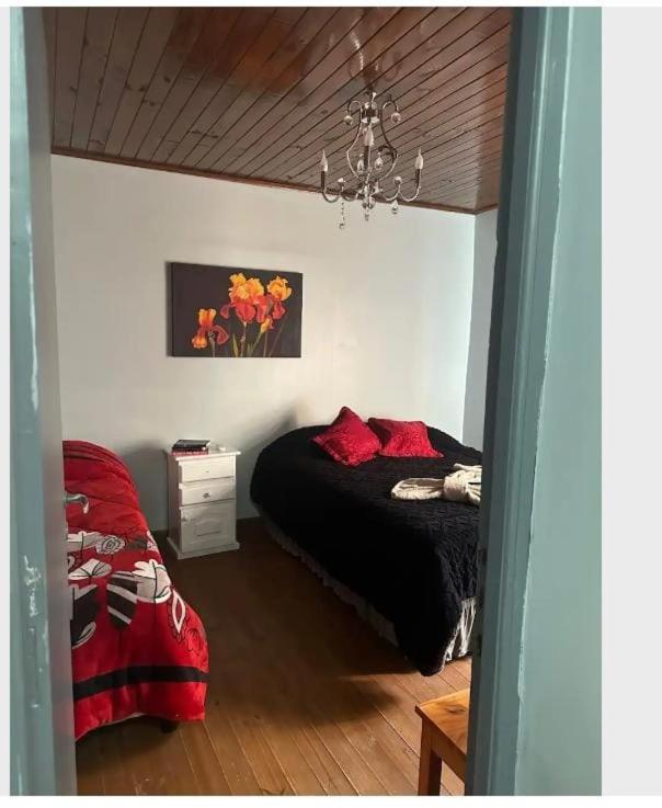 伊瓜苏港Parana house的一间卧室配有黑色的床和红色枕头
