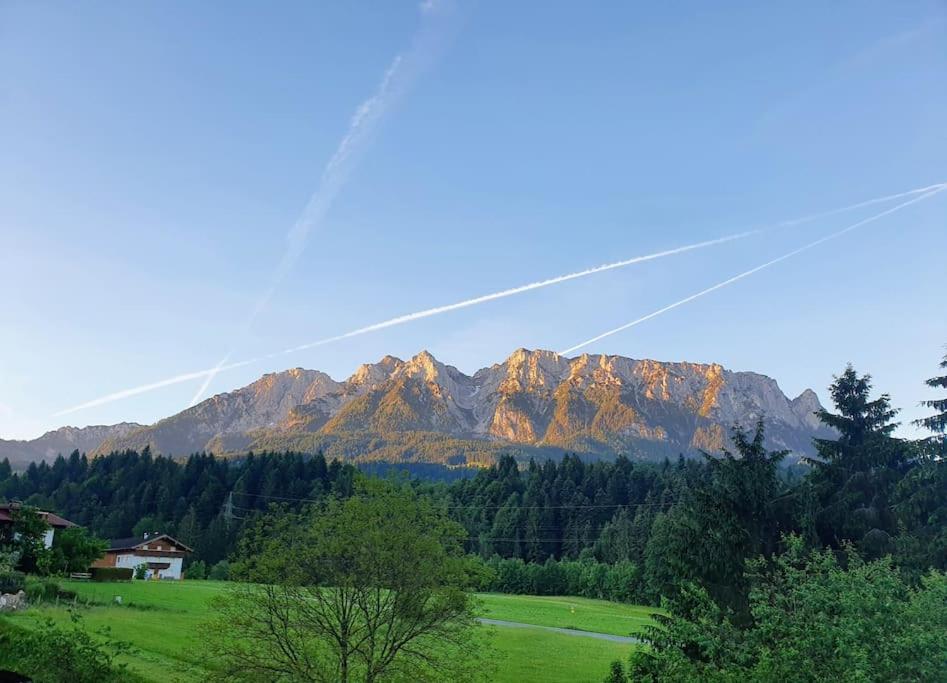NiederndorferbergGemütliche Wohnung mit Blick auf den Zahmen Kaiser的绿地和树木的山脉