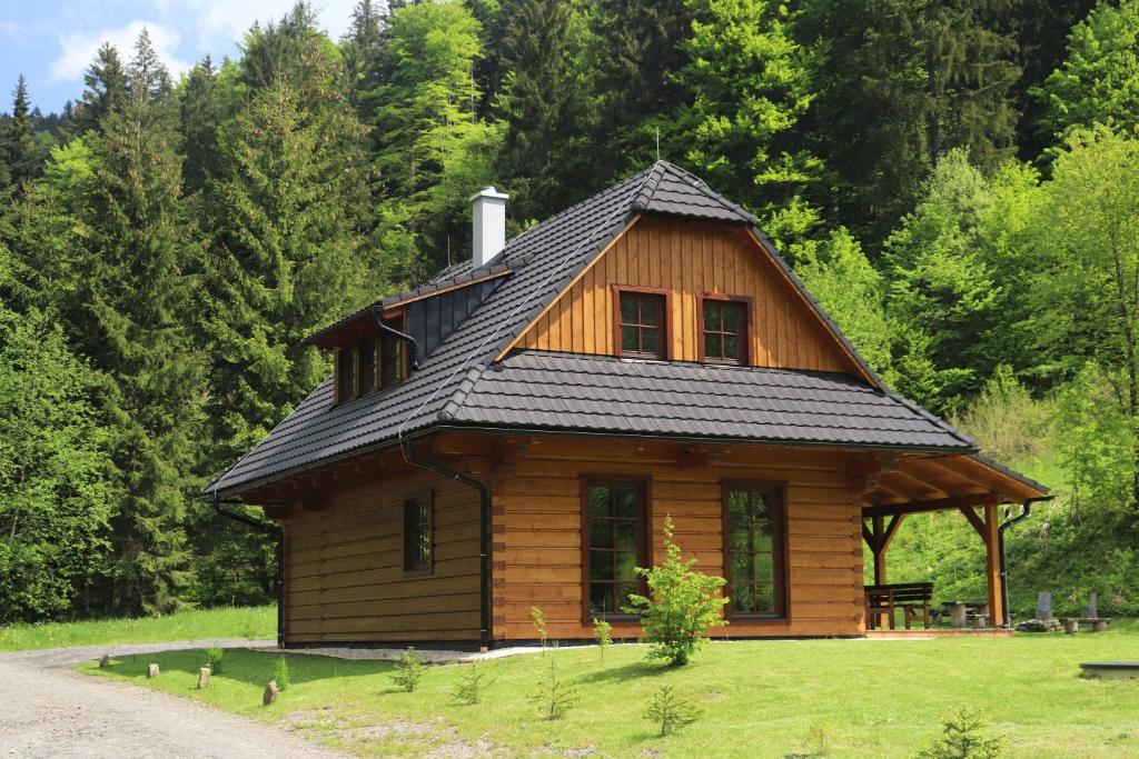 诺维赫罗泽科夫Dřevěnice v Brodské的一间拥有黑色屋顶的小型小木屋