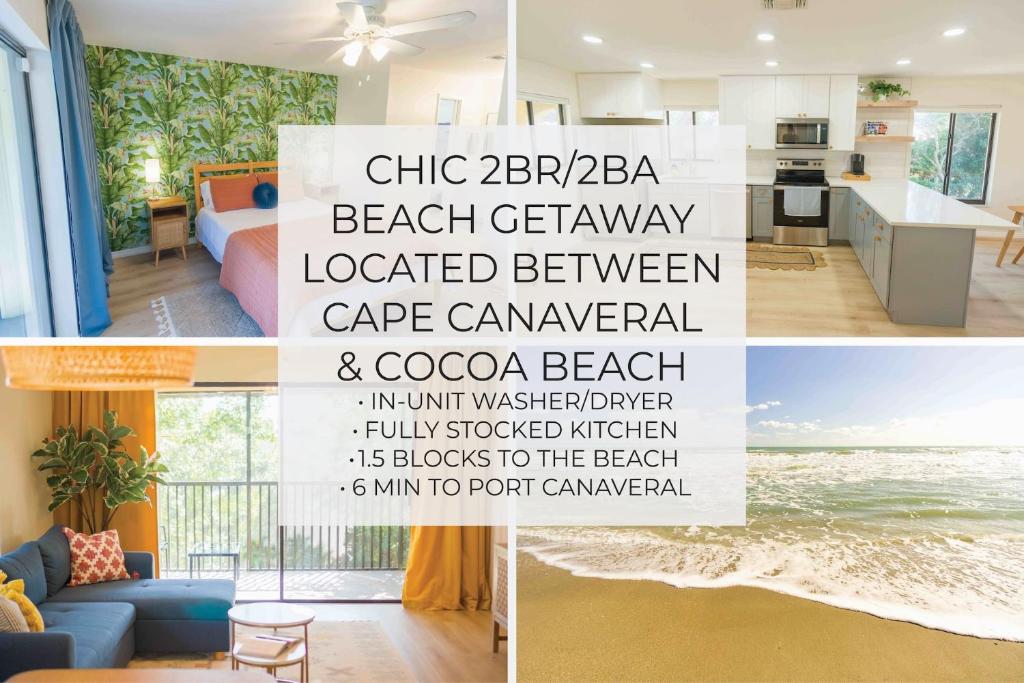 卡纳维拉尔角Private Tropical Beach Oasis的客厅和厨房的照片拼合在一起